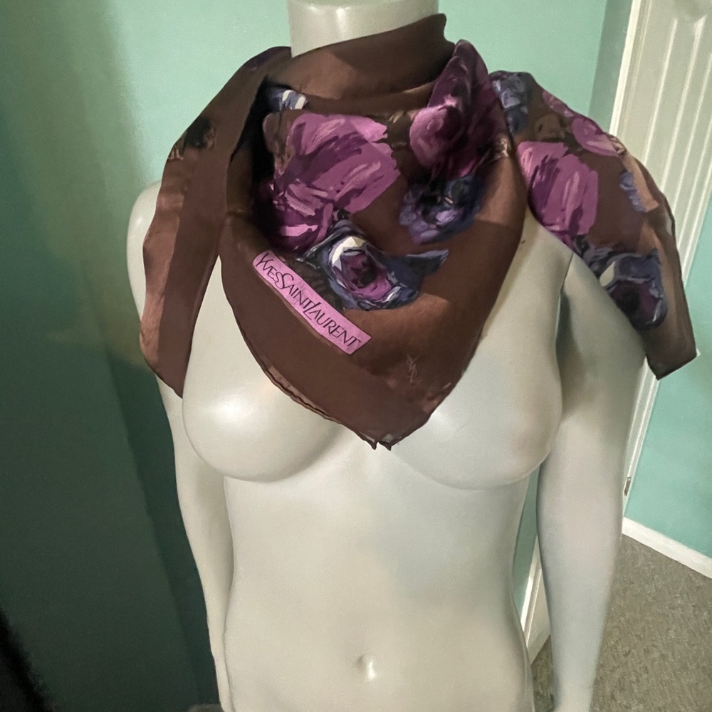 Yves Saint Laurent Brown and Purple Floral Scarf YSL Monogrammed